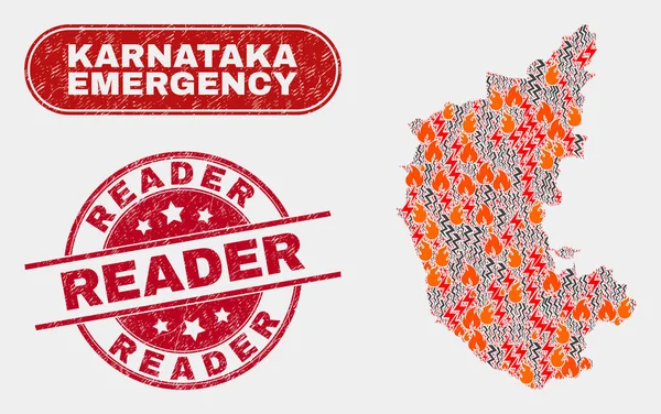 Collage de Crisis y Emergencia del Mapa del Estado de Karnataka y el Sello del Lector Arañado — Vector de stock