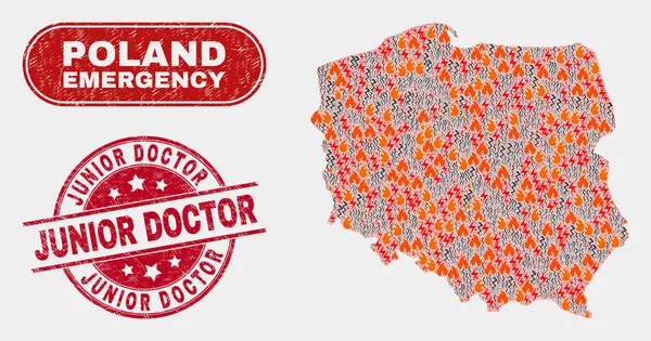 Peligro y emergencia Collage de Polonia Mapa y Grunge Junior Doctor Sello de sello — Vector de stock