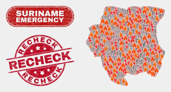 Wildfire y Collage de Emergencia de Surinam Mapa y Grunge Recheck Sello de Sello — Vector de stock