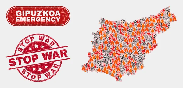 Collage de desastres y emergencias de la provincia de Gipuzkoa Mapa y angustia Detener el sello de guerra — Vector de stock