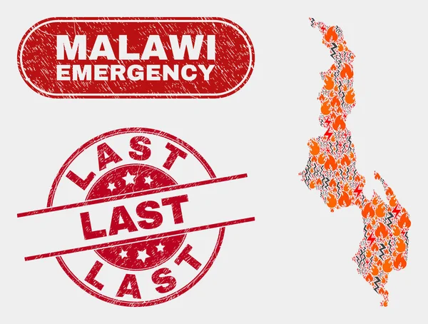 Collage de peligro y emergencia de Malawi Mapa y angustia Último sello — Vector de stock