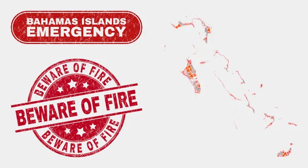 Collage de Desastres y Emergencias de las Islas Bahamas Mapa y Grunge Cuidado con la Marca de Agua Fuego — Vector de stock