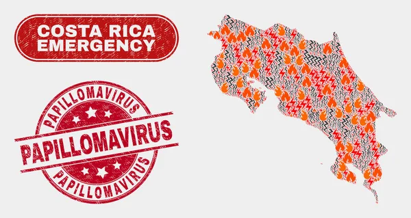 Collage de desastres y emergencias de Costa Rica Mapa y angustia Marca de agua del virus del papiloma — Vector de stock
