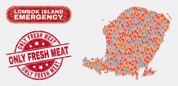 Peligro y emergencia Collage de Lombok Island Mapa y rasguño solo carne fresca marca de agua — Vector de stock