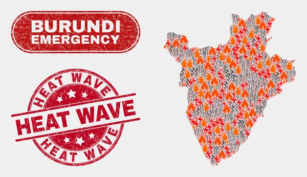 Peligro y emergencia Collage of Burundi Mapa y Grunge Sello de ola de calor — Vector de stock