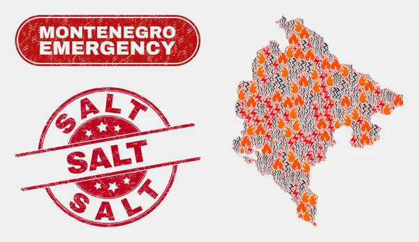 Collage di emergenza e pericolo di Montenegro Mappa e sigillo di francobollo di sale grunge — Vettoriale Stock