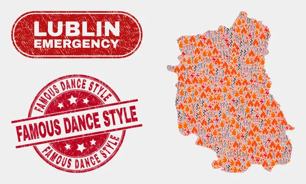 Crisis y emergencia Collage de Lublin Mapa de Voivodato y Rasguño Estilo de Danza Famosa marca de agua — Vector de stock