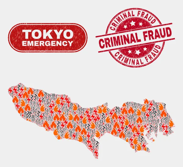 Collage de Emergencia y Peligro de la Prefectura de Tokio Mapa y Grunge Sello de Fraude Penal — Vector de stock