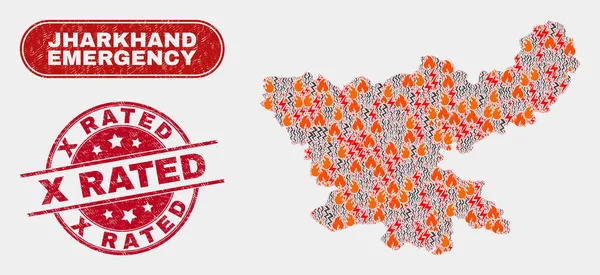 Collage de Desastres y Emergencias del Mapa del Estado de Jharkhand y Sello Scratched X Clasificado — Vector de stock