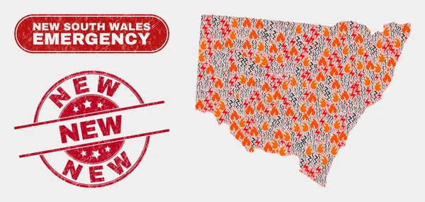 Collage de desastres y emergencias de Nueva Gales del Sur Mapa y nuevo sello rayado — Vector de stock