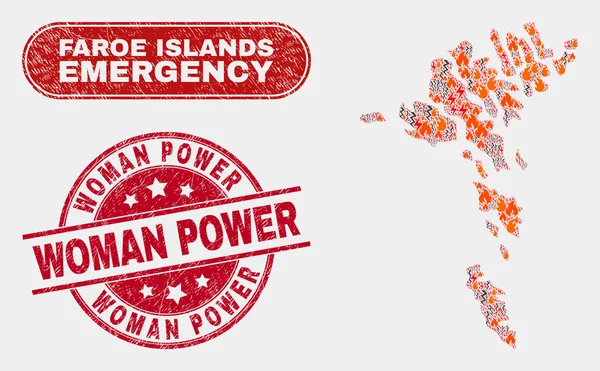 Wildfire y Collage de Emergencia de las Islas Feroe Mapa y angustia Sello de Poder de la Mujer — Vector de stock