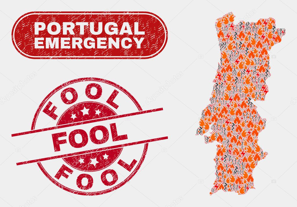 Wildfire and Emergency Collage of Portugal Map and Distress Fool Stamp