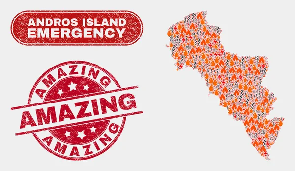 Peligro y Collage de Emergencia de la Isla Andros de Grecia Mapa y Sello Increíble Rasguñado — Vector de stock