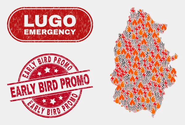 Crisis y emergencia Collage de Lugo Provincia Mapa y angustia Early Bird Promo Watermark — Vector de stock