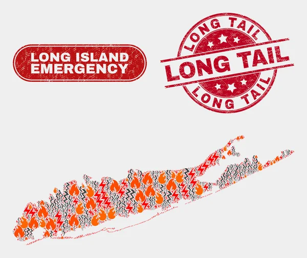 Collage de Peligro y Emergencia de Long Island Mapa y Grunge Long Tail Seal — Vector de stock