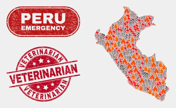 Collage de Peligro y Emergencia del Perú Mapa y Socorro Sello Veterinario — Vector de stock