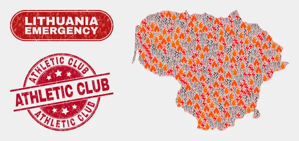 Peligro y Emergencia Collage of Lithuania Mapa y Grunge Athletic Club Sello — Vector de stock