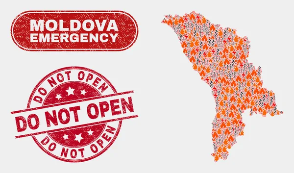 Peligro y emergencia Collage de Moldavia Mapa y Grunge no abren marca de agua — Vector de stock