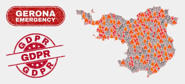 Collage de Desastres y Emergencias de la Provincia de Gerona Mapa y Sello de Gdpr Arañado — Vector de stock