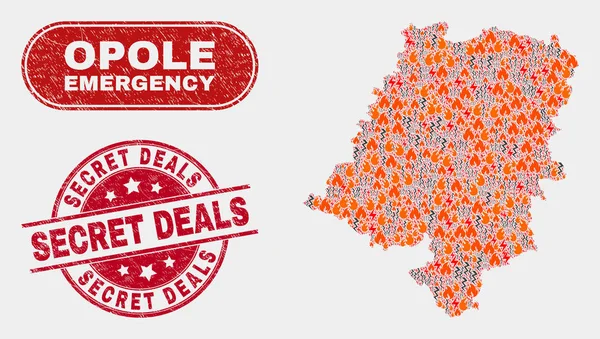 Collage di emergenza e pericolo della mappa del voivodato di Opole e sigillo di francobolli Grunge Secret Deals — Vettoriale Stock
