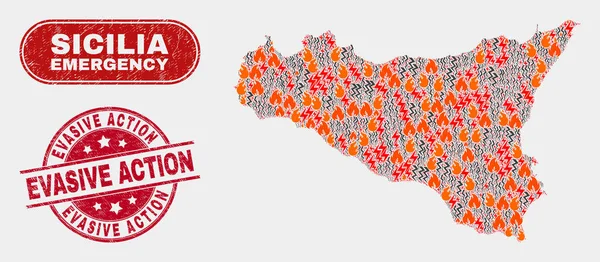 Peligro y emergencia Collage de Sicilia Mapa y angustia Sello de sello de acción evasiva — Vector de stock