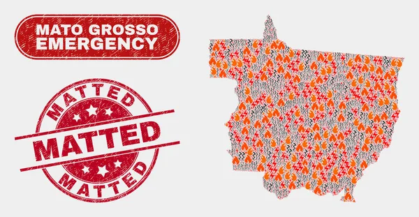 Collage de desastres y emergencias del mapa del estado de Mato Grosso y el sello rayado con estera — Vector de stock