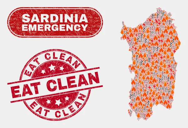 Crisis y emergencia Collage de Cerdeña Mapa y rasguño Comer marca de agua limpia — Vector de stock