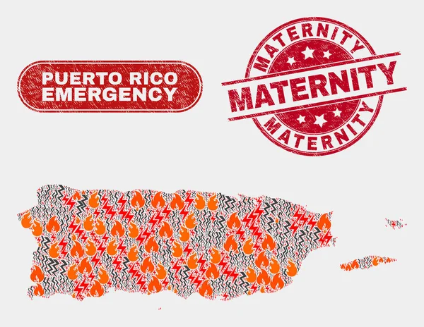 Collage de Peligros y Emergencias de Puerto Rico Mapa y Malestar Sello de Maternidad — Vector de stock