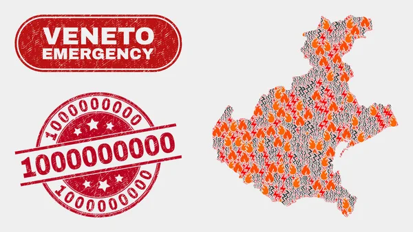 Collage de desastre y emergencia de la región del Véneto Mapa y angustia 1000000000 Marca de agua — Vector de stock