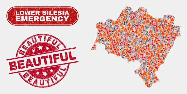 Collage de Peligro y Emergencia de Voivodato Silesiano Inferior Mapa y Angustia Hermoso Sello — Vector de stock
