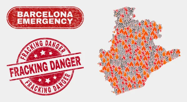 Wildfire y Collage de Emergencia de la Provincia de Barcelona Mapa y Peligro Fracking Peligro Sello — Vector de stock