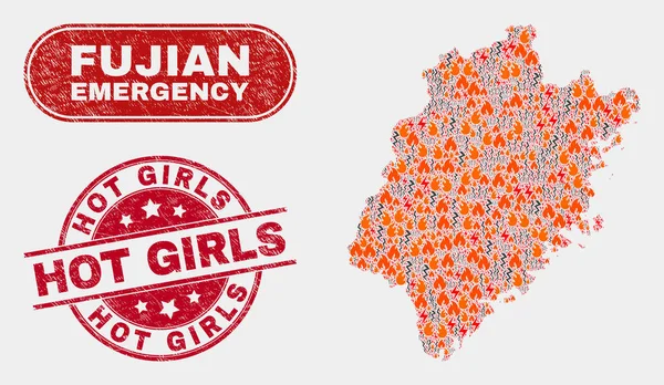 Peligro y emergencia Collage de la provincia de Fujian Mapa y angustia Chicas calientes Marca de agua — Vector de stock