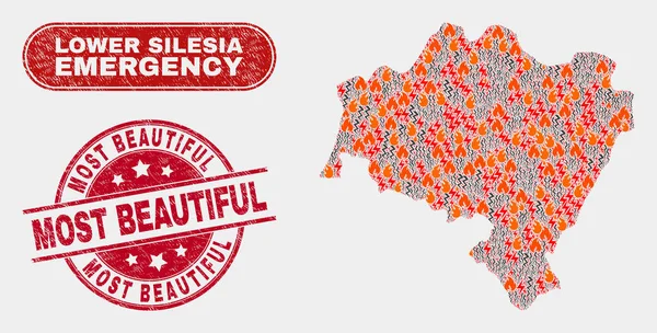 Peligro y emergencia Collage de Baja Silesia Mapa de la provincia y angustia Sello de sello más hermoso — Vector de stock