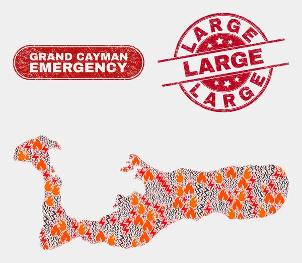 Collage de desastre y emergencia de Grand Cayman Island Mapa y Grunge Sello de sello grande — Vector de stock