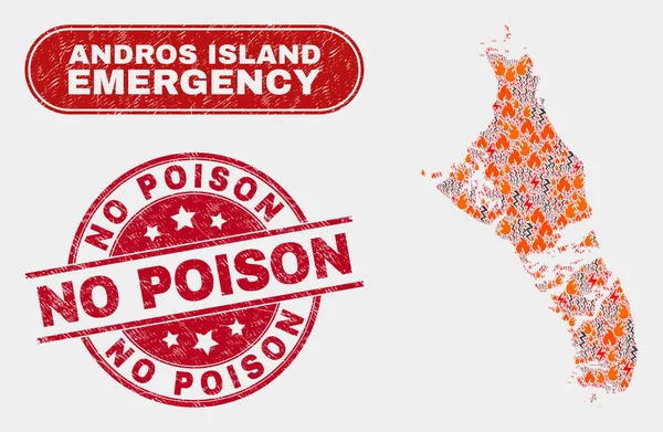 Wildfire y Collage de Emergencia de Andros Island of Bahamas Mapa y Grunge Sin Sello Veneno — Vector de stock