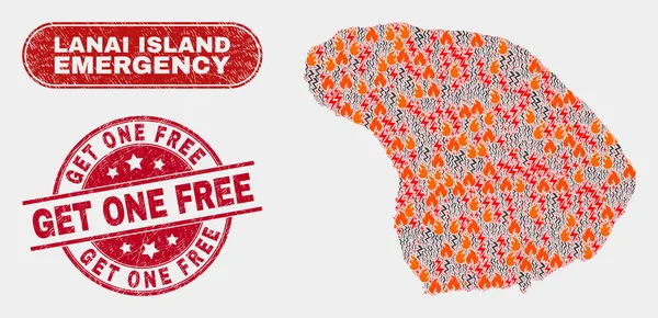 Peligro y emergencia Collage de Lanai Island Mapa y Grunge Obtener un sello gratis — Vector de stock