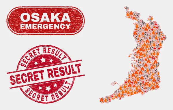 Crisis y emergencia Collage of Osaka Prefecture Mapa y angustia Sello de sello de resultados secretos — Vector de stock