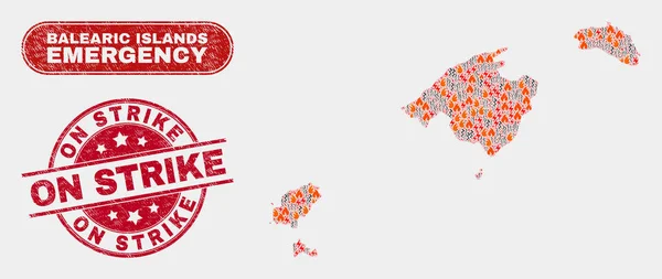 Collage de Crisis y Emergencia de las Islas Baleares Mapa y Grunge On Strike Stamp — Vector de stock