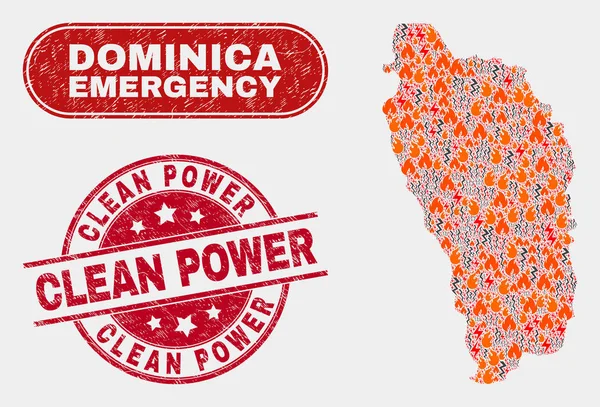 Collage de Peligro y Emergencia de Dominica Island Mapa y Grunge Clean Power Sello — Vector de stock
