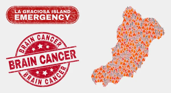 Collage de Emergencia y Peligro de la Isla La Graciosa Mapa y Grunge Sello de Cáncer Cerebral — Vector de stock