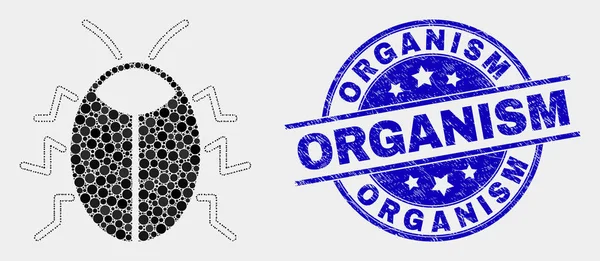 Icône de bogue à pointillés vectoriels et sceau de timbre d'organisme de Grunge — Image vectorielle