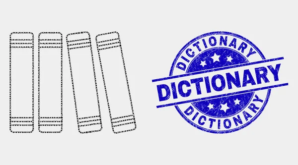 Ikona vektorové tečkové knihy a poškrábané těsnění slovníku — Stockový vektor