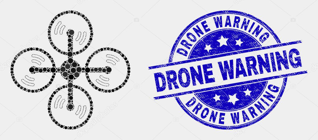 Vector Pixelated Air Copter Icon and Grunge Drone Warning Seal