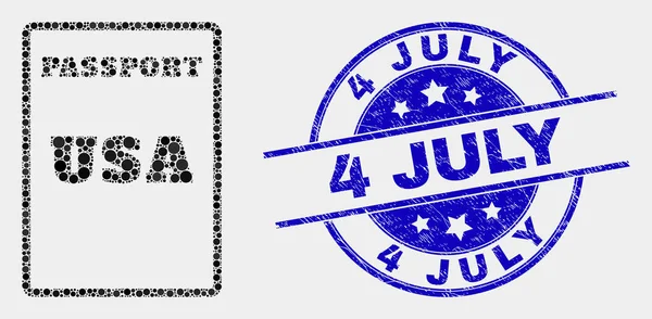 Vector punteado EE.UU. Pasaporte icono y rayado 4 Julio sello — Vector de stock