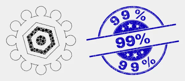 Vector Pixel Gear Icon and Scratched 99 percent Stamp — Stock Vector