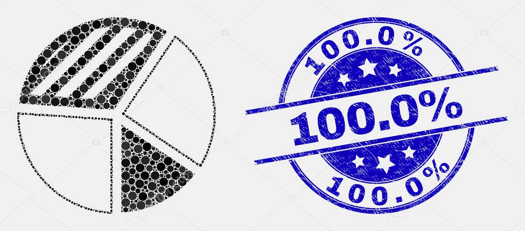 Vector Pixelated Pie Chart Icon and Grunge 100.0 percent Stamp Seal