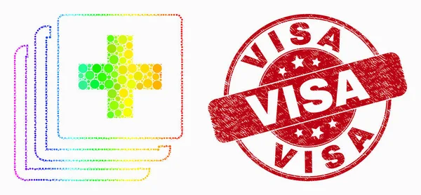 Vector brillante Pixelated Medical Data Icono y sello de visa rayado — Vector de stock