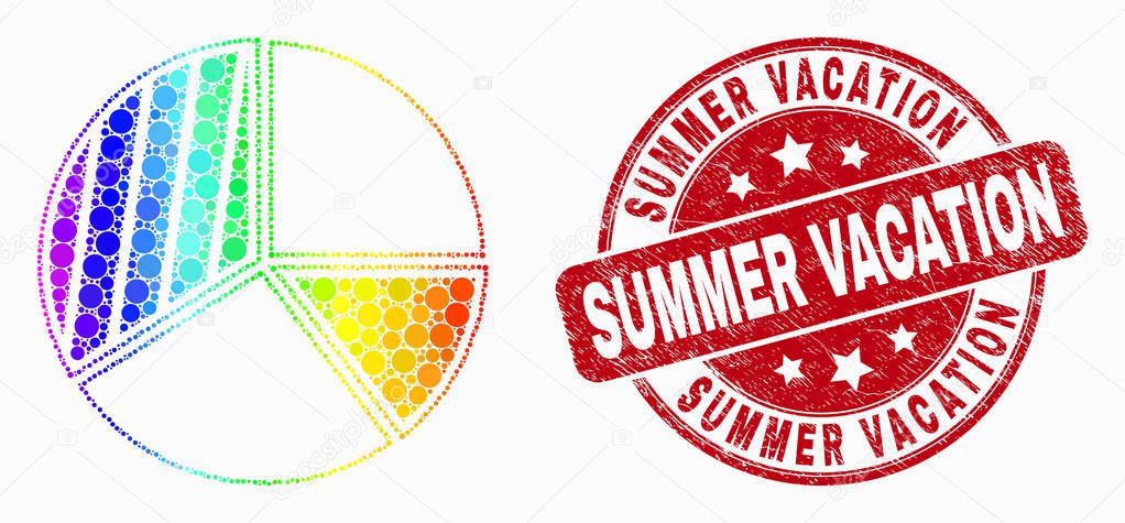Vector Rainbow Colored Dotted Pie Chart Icon and Distress Summer Vacation Watermark