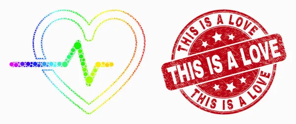 Icona e Grunge del battito cardiaco del pixel colorato arcobaleno vettoriale Questo è un sigillo di timbro d'amore — Vettoriale Stock