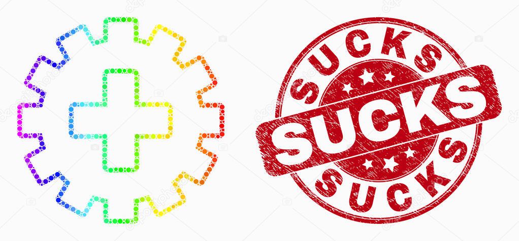 Vector Rainbow Colored Dotted Plus Gear Icon and Grunge Sucks Stamp Seal